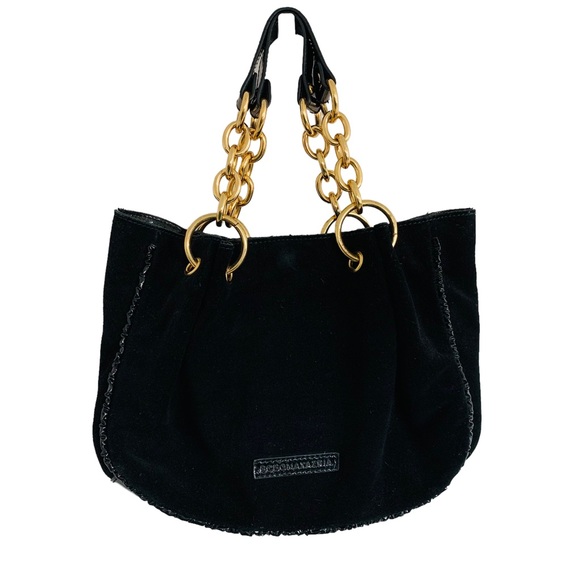 BCBGMAXAZRIA Black Suede Handbag Patent Leather & Gold Tone Chain Handle - Picture 6 of 13